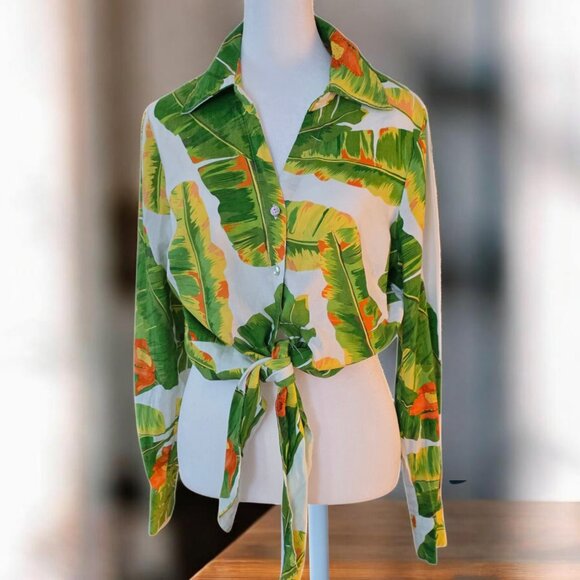 CYNTHIA ROWLEY ( MED) Hawaiian/Tropical Long Sleeve Linen Blend Waist Tie Blouse - Picture 2 of 7